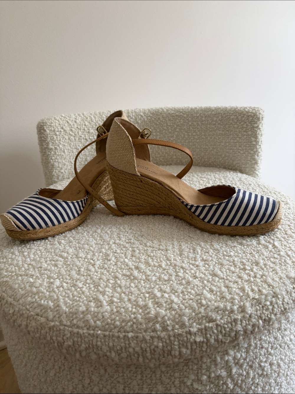 White Mountain Navy and White Striped Espadrille Wedges with Tan Straps